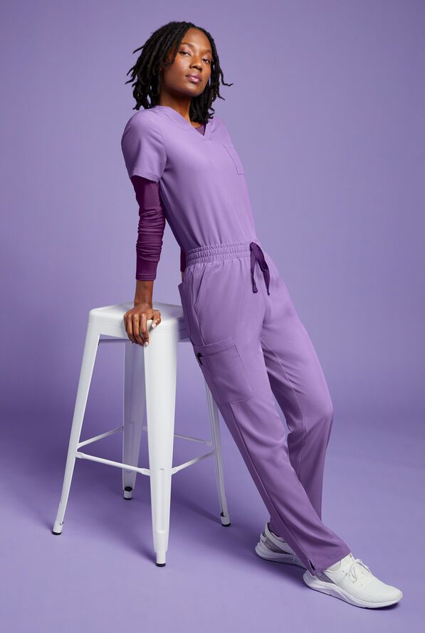 Easy STRETCH Naya Women’s Natural Waist 6-Pocket Straight Leg Scrub Pants - Petite - Wine/Ceil - 6