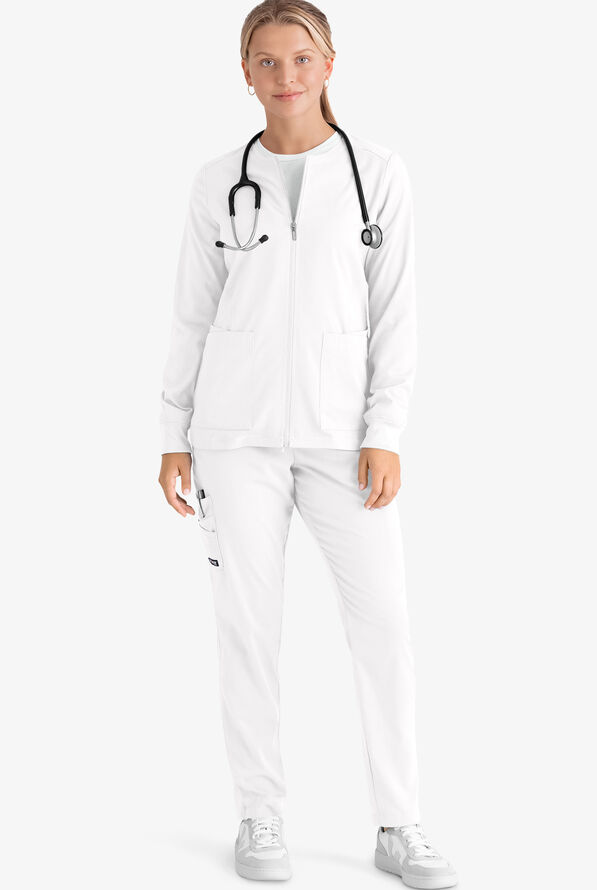 Grey's Anatomy by Barco Spandex STRETCH Gianna Women's 5-Pocket Zip Front Scrub Jacket - White - 4