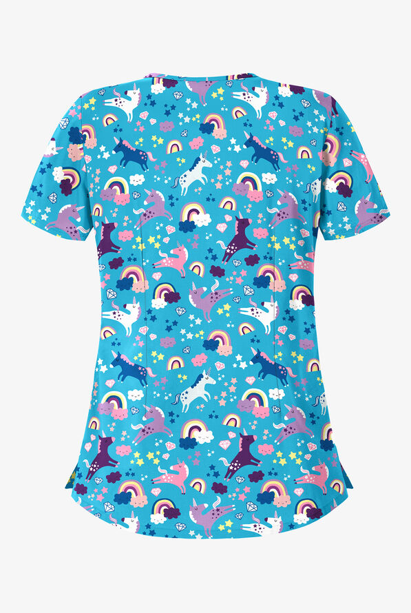 Butter-Soft Unicorn Adventure Turquoise Women's 5-Pocket Rounded V-Neck Print Scrub Top - null - 2