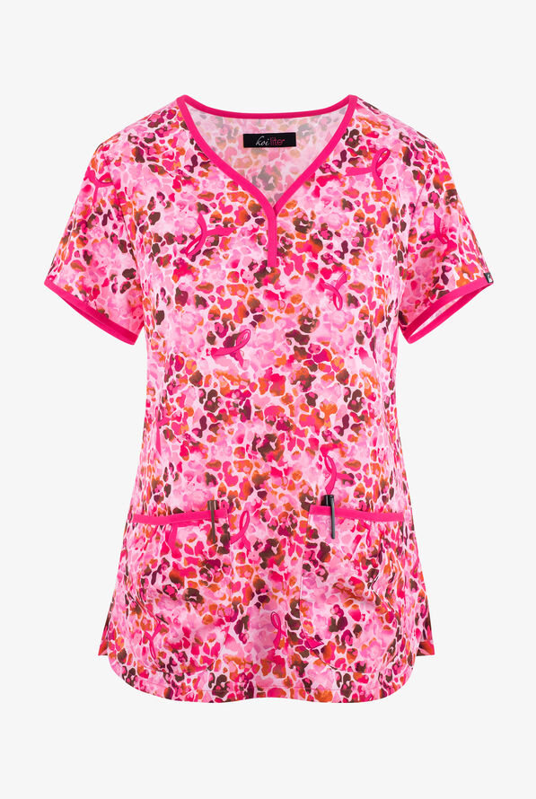 koi Lite Floral Safari Awareness Women's 2-Pocket STRETCH Y-Neck Print Scrub Top - null - 1
