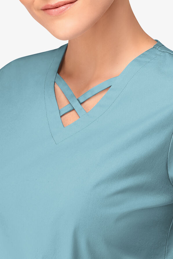 Blusa m&eacute;dica UA Butter-Soft STRETCH con lazos entrecruzados y 4 bolsillos para mujer - Dew Drop - 3