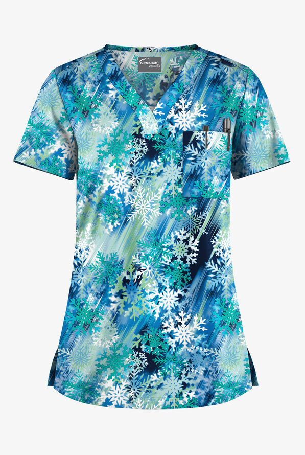 Blusa médica estampada Butter-Soft STRETCH Big City Flurry Teal con cuello en V y 1 bolsillo para mujer - null - 1