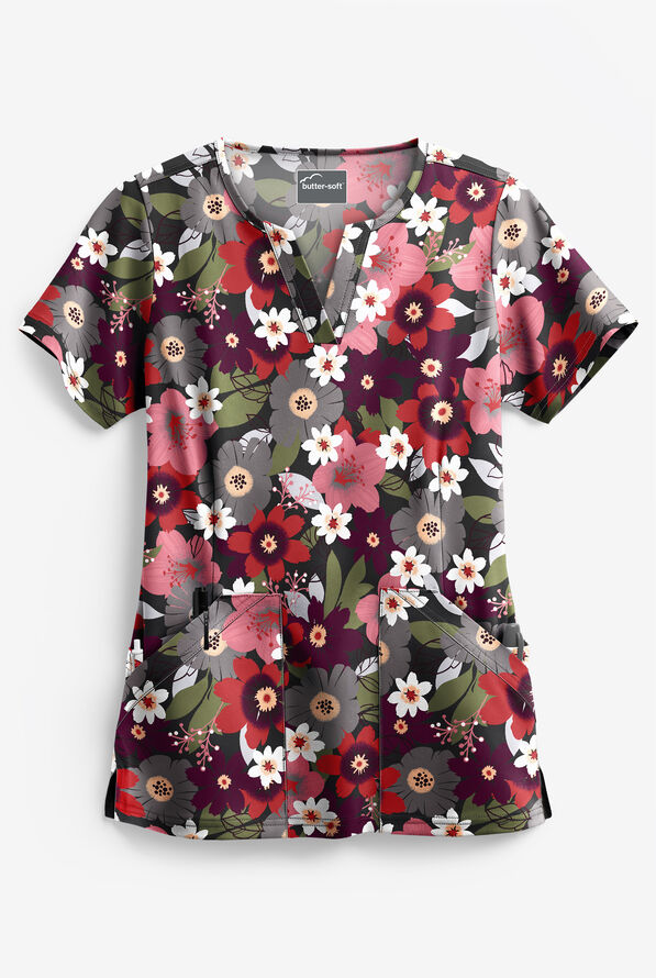 Butter-Soft Botanical Garden Women's 4-Pocket Notch Neck Print Scrub Top **Slightly IRREGULAR** - null - 1