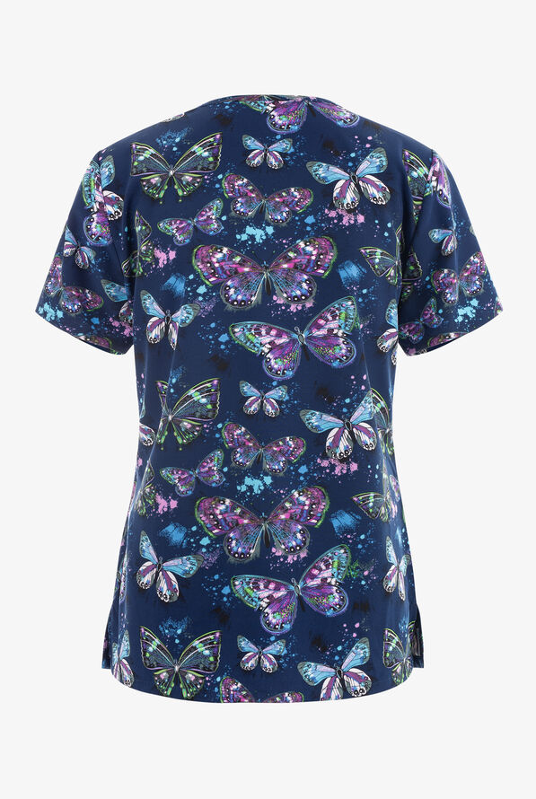 Green Town Whimsical Splatter Butterfly Women's 3Pocket STRETCH VNeck