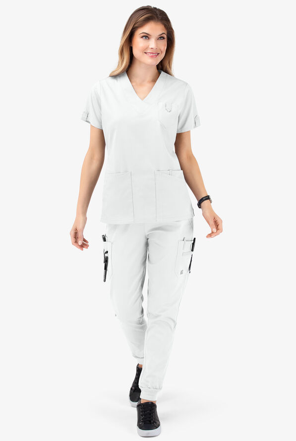 Butter-Soft STRETCH Women's 6-Pocket V-Neck Scrub Top - White - 2