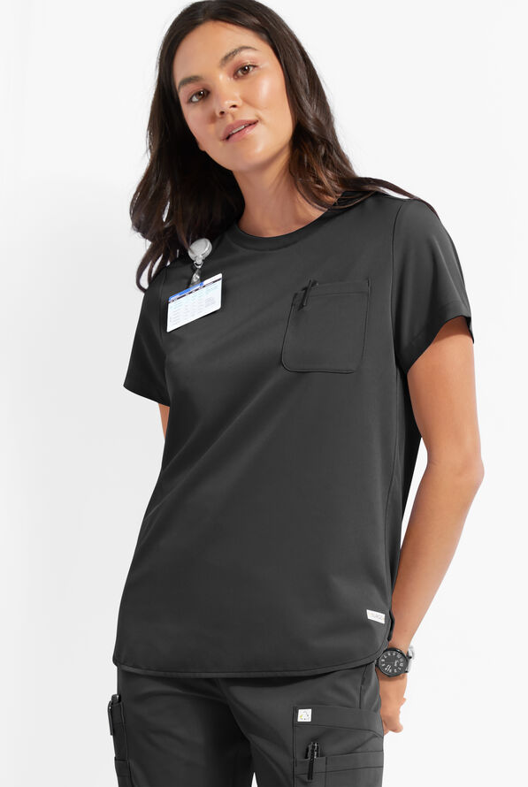 ReSurge Citrine Women's 1-Pocket Crew Neck Tuck In / Wear Out Scrub Top - Black - 2