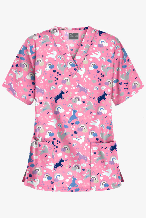 UA Butter-Soft Unicorn Adventure Ballet Pink Women's 2-Pocket V-Neck Print Scrub Top - null - 1