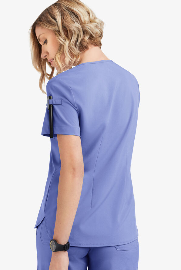 Easy STRETCH Nikki Women's 1-Pocket Scallop Neck Tuck-In Scrub Top - Ceil Blue - 4