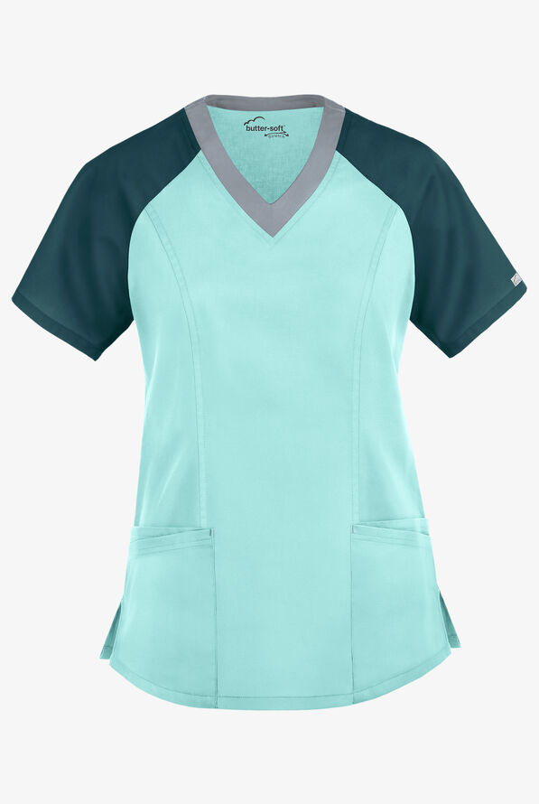 Blusa m&eacute;dica UA Butter-Soft STRETCH Active con bloques de color y 5 bolsillos para mujer - Aqua Moon/Caribbean Blue/Silver - 1
