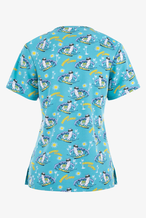 Green Town Bahama Llama Summer Women's 3-Pocket STRETCH V-Neck Print Scrub Top - null - 2