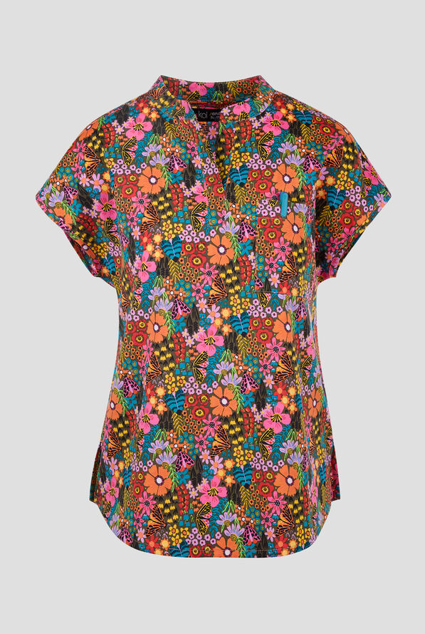 koi Basics Flower Bug Women's 1-Pocket STRETCH Mandarin Collar Print Scrub Top - null - 1