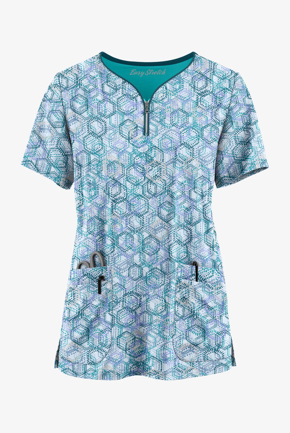 Easy STRETCH Dotted Geo Caribbean Blue Women's 4-Pocket Zip Neck Print Scrub Top - null - 1