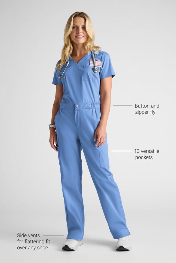 Butter-Soft STRETCH Women's 8-Pocket Cargo Button Front Pant With Fly Scrub Pants - Ceil Blue - 9