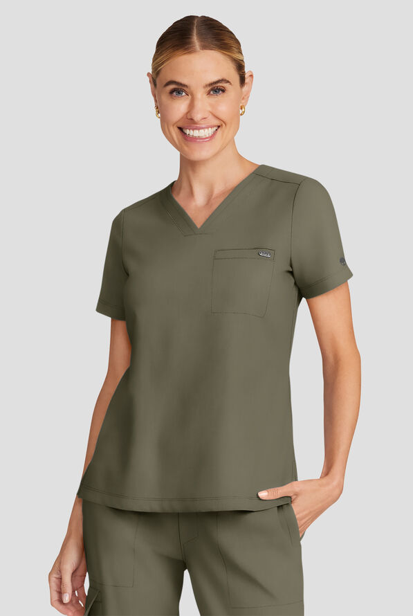 Healing Hands Quest Women's 1-Pocket STRETCH Tuck In V-Neck Scrub Top - Olive - 2