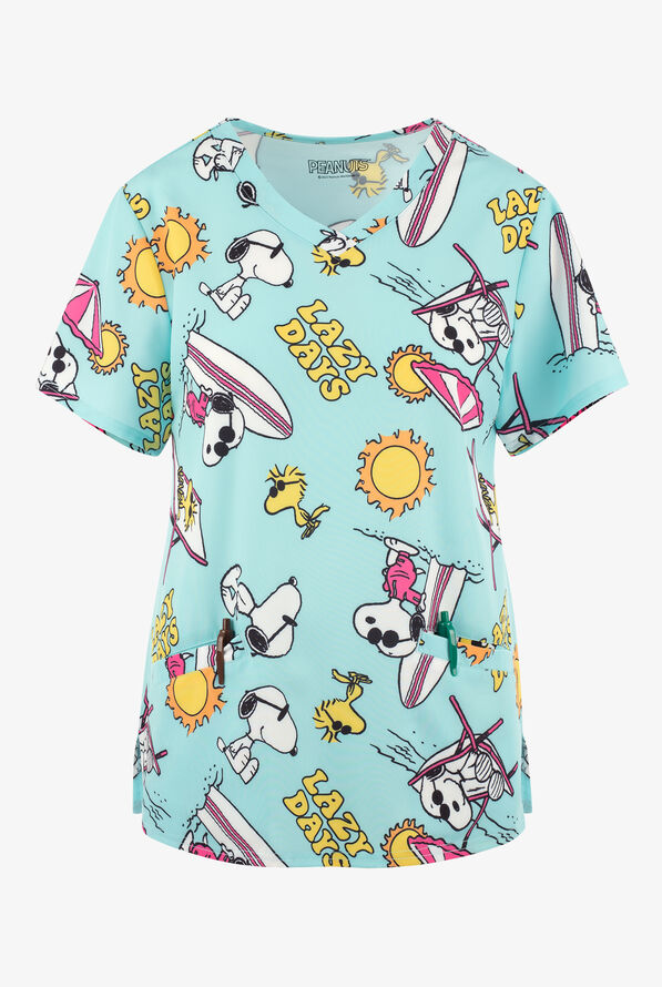 FUNSCRUBS- Peanuts Snoopy & Woodstock Lazy Days Women's 2-Pocket STRETCH V-Neck Print Scrub Top - null - 1