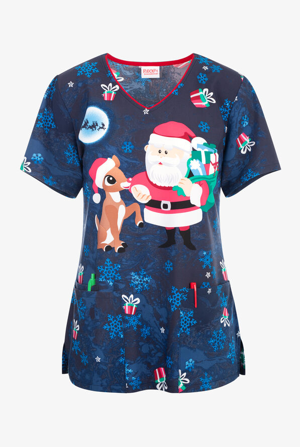 Tooniforms Rudolph All the Gifts Women's 3-Pocket STRETCH V-Neck Print Scrub Top - null - 1