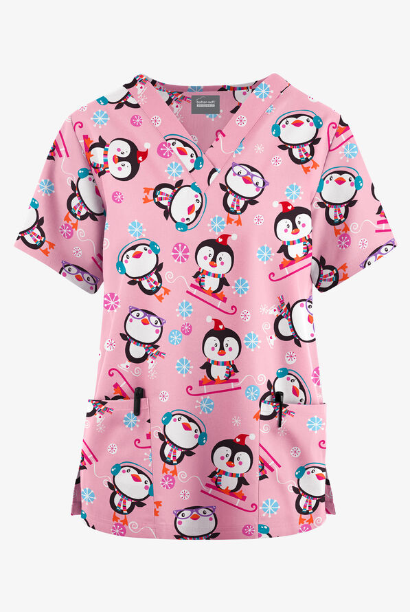 Blusa médica estampada Butter-Soft Originals Penguin Playland Blush de corte clásico con cuello en V y 2 bolsillos para mujer - null - 1