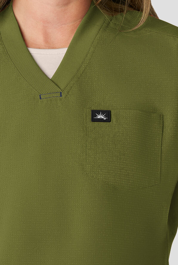 koi Solis Trinity Women's 1-Pocket STRETCH Banded Bottom Split V-Neck Scrub Top - Martini Olive - 3