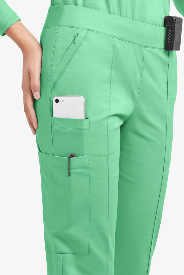 Butter-Soft STRETCH Women's 6-Pocket Pin-Tuck Crop Slim with Sport Trim Detail Scrub Pants - Green Jade/Silver Melange - 2