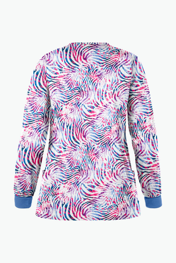 Butter-Soft Abstract Zebra Fuchsia Women's 2-Pocket Warm Up Print Scrub Jacket - null - 2