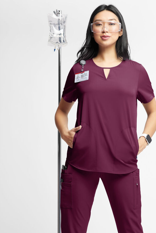 WhisperLite Alba Women's 3-Pocket Notched Neck Scrub Top - Wine - 4