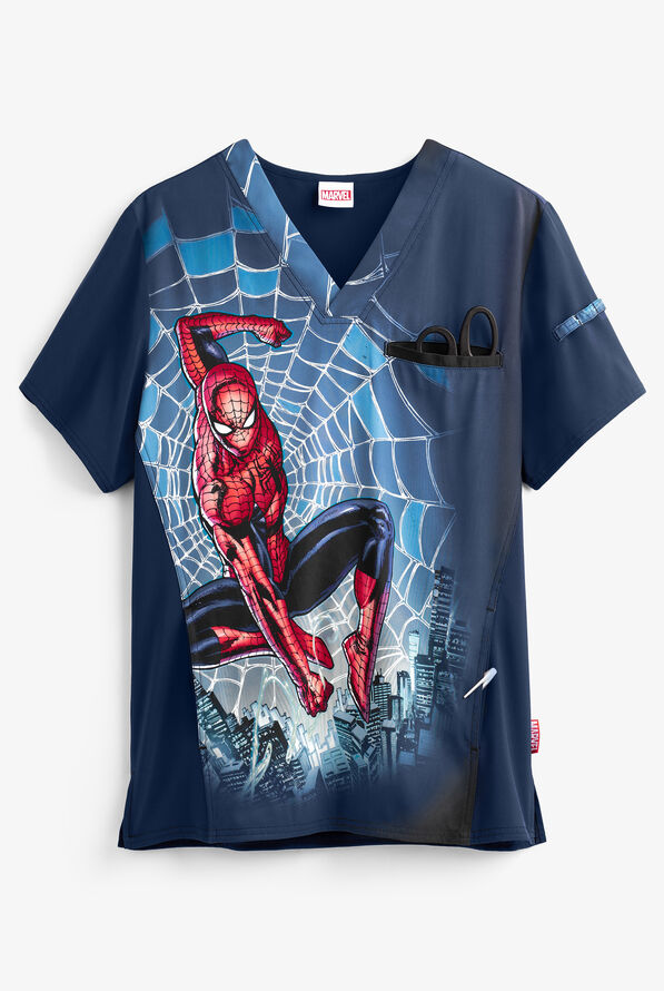Cherokee Tooniforms Marvel Way of the Web Men's 2-Pocket V-Neck Print Scrub Top - null - 1
