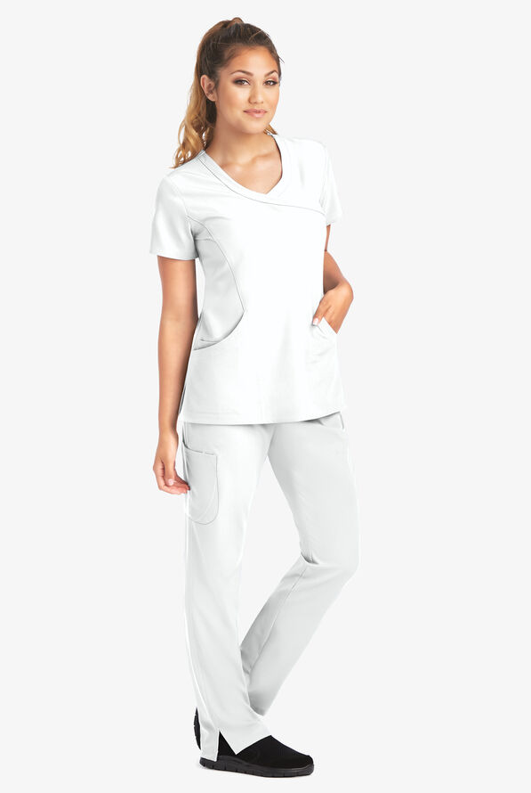 Blusa médica Skechers by Barco Reliance STRETCH estilo cruzado con 3 bolsillos para mujer - White - 2
