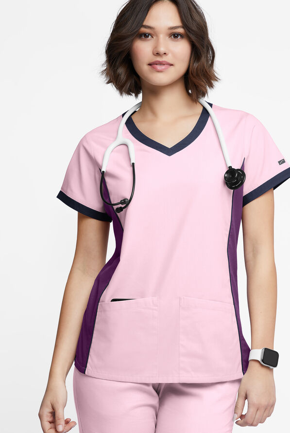 Blusa m&eacute;dica Butter-Soft Originals Tri-Colorblock con cuello en V y 4 bolsillos para mujer - Rose Quartz/Eggplant/Navy - 2