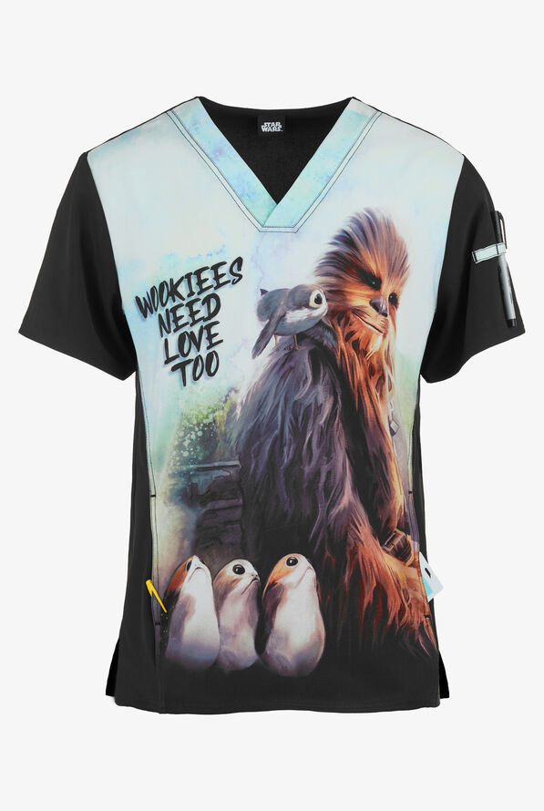 Cherokee Tooniforms Star Wars Chewie Men's 1-Pocket V-Neck Print Scrub Top - null - 1