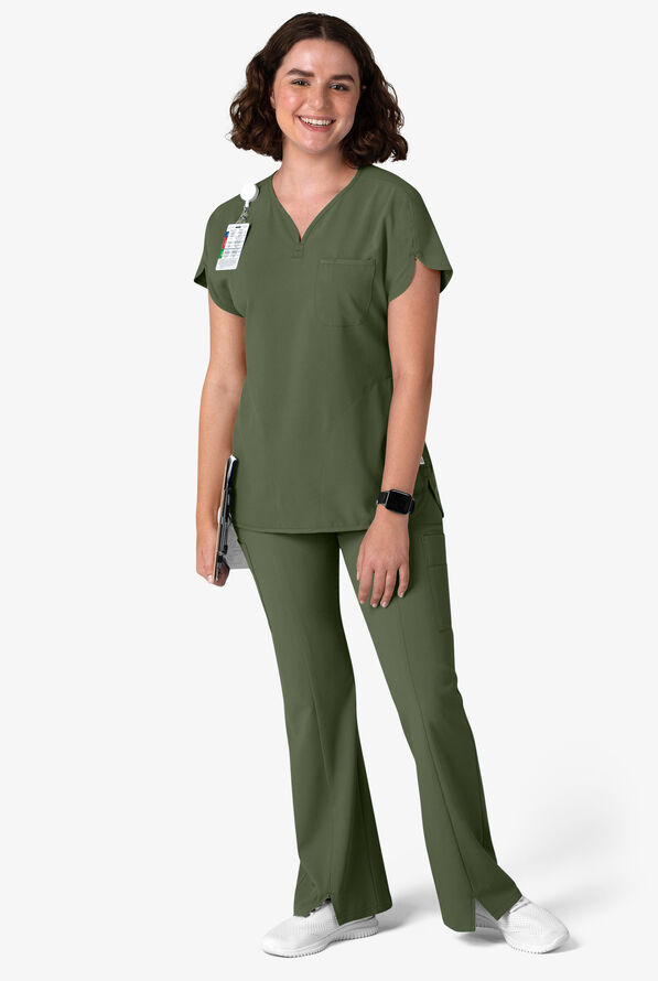 Wink Renew Women's 3-Pocket STRETCH Dolman Notch Sleeve Y-Neck Scrub Top - Olive - 4