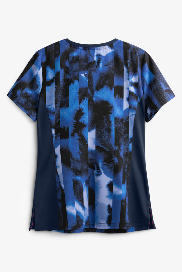 koi Lite™ STRETCH Watermark Stripe Blues Women's 3-Pocket Mock Wrap Print Scrub Top - null - 2