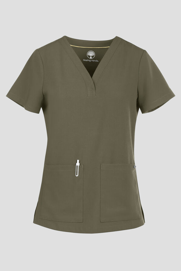 Blusa m&eacute;dica Healing Hands Quest Briana STRETCH con 3 bolsillos y cuello en Y para mujer - Olive - 1