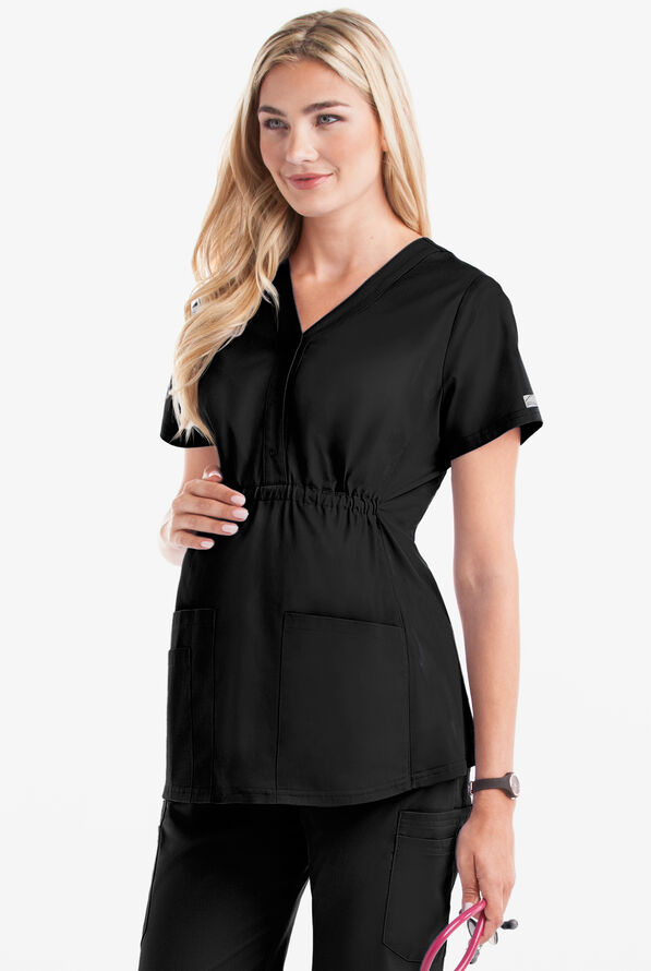 Butter-Soft STRETCH Women's 3-Pocket Knit Panel Maternity Scrub Top - Black - 2