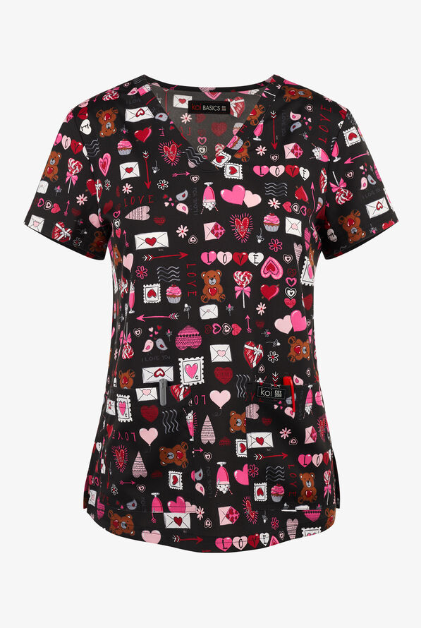 koi Basics Heart Mail Women's 2-Pocket STRETCH V-Neck Print Scrub Top - null - 1