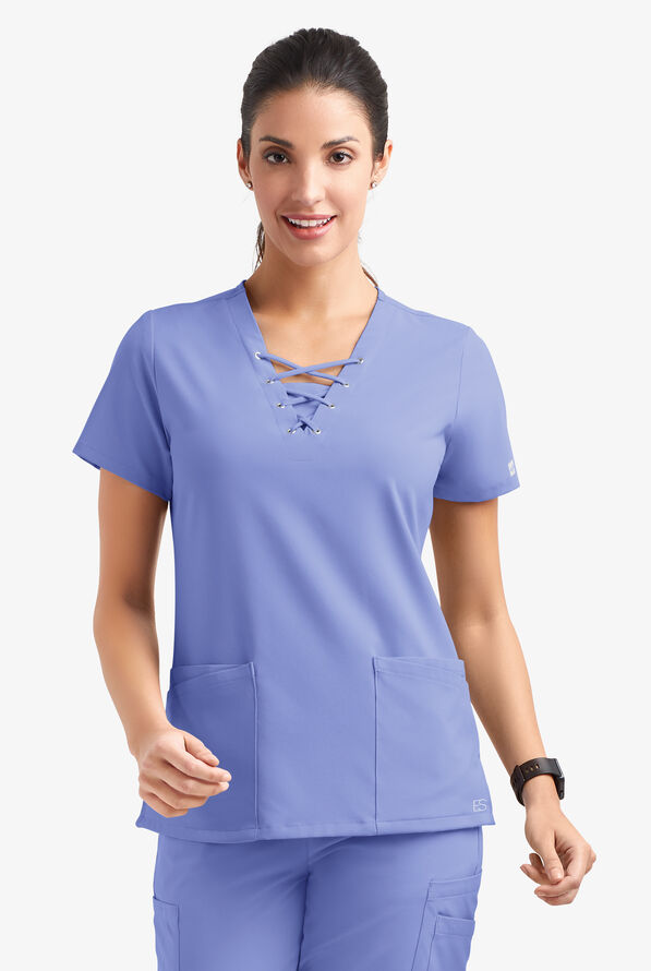 Easy STRETCH Gisele Women's 4-Pocket Lace Up V-Neck Scrub Top - Ceil Blue - 2