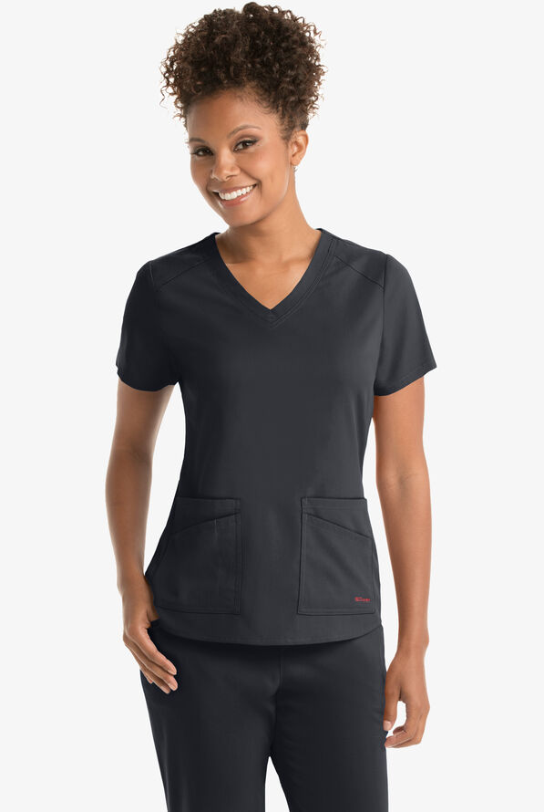 Grey's Anatomy by Barco Spandex STRETCH Emma Women's 4-Pocket V-Neck Scrub Top - Steel Gray - 2