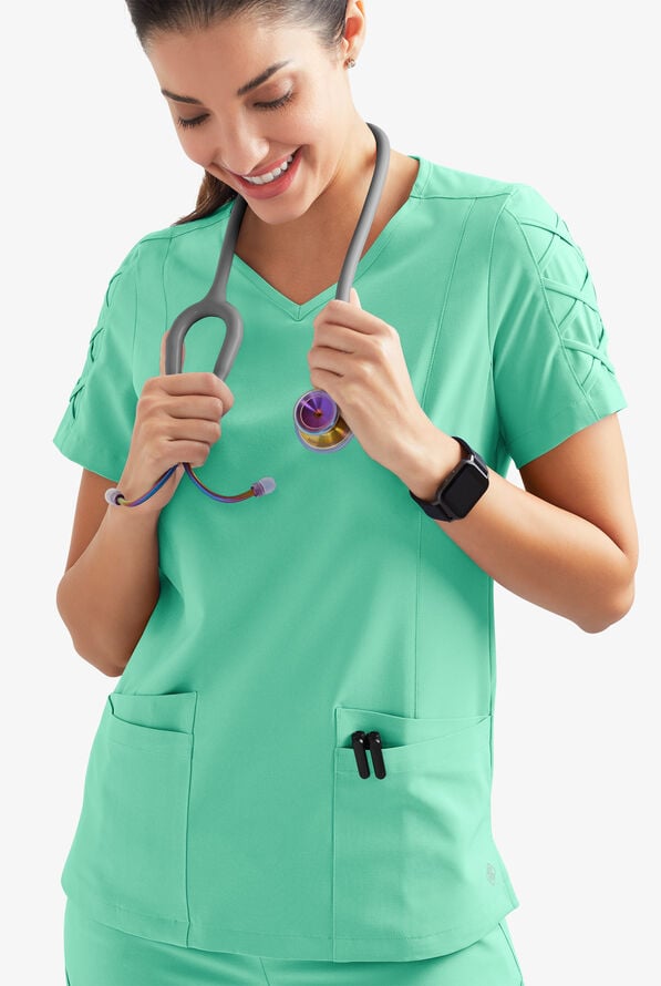 Blusa m&eacute;dica EASY STRETCH Kylie con detalle entrecruzado y 5 bolsillos para mujer - Jade Mint - 3