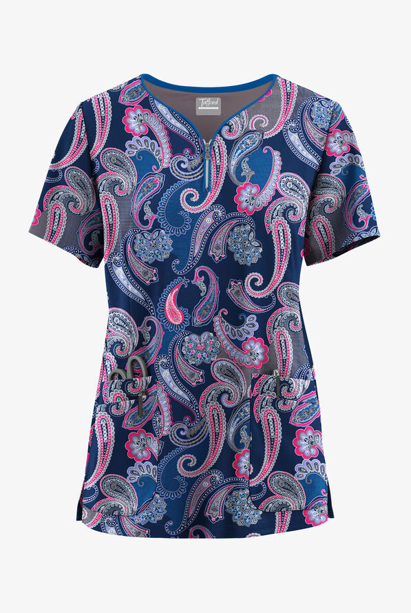 Tafford Active STRETCH Kashmir Paisley Navy Women's 4-Pocket Zip Curved Neck Print Scrub Top - null - 1