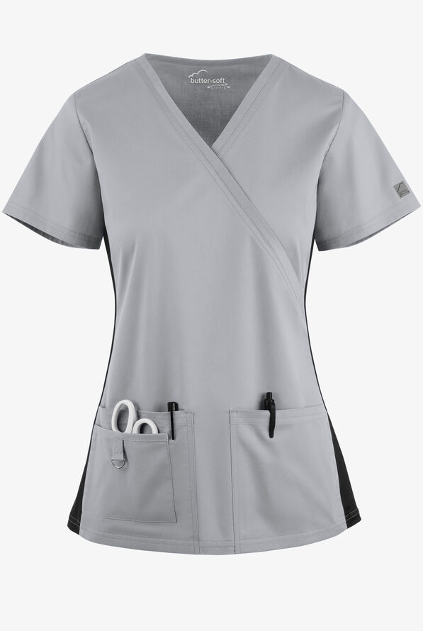 Butter-Soft STRETCH Women's 3-Pocket V-Neck with Side Knit Panels Scrub Top - Silver/Black - 1