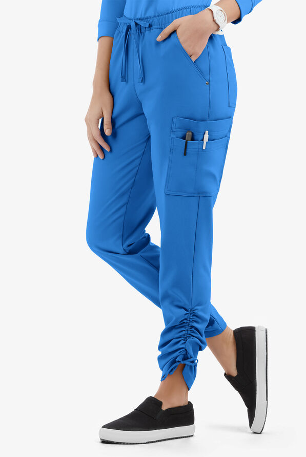 Easy STRETCH Halle Women's 11-Pocket Ruched Leg Jogger Scrub Pants - Petite - Cerulean - 1