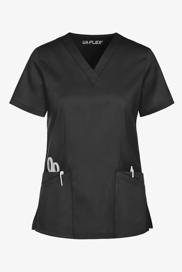UA Flex2 Women's 4-Pocket V-Neck STRETCH Scrub Top - Black - 1
