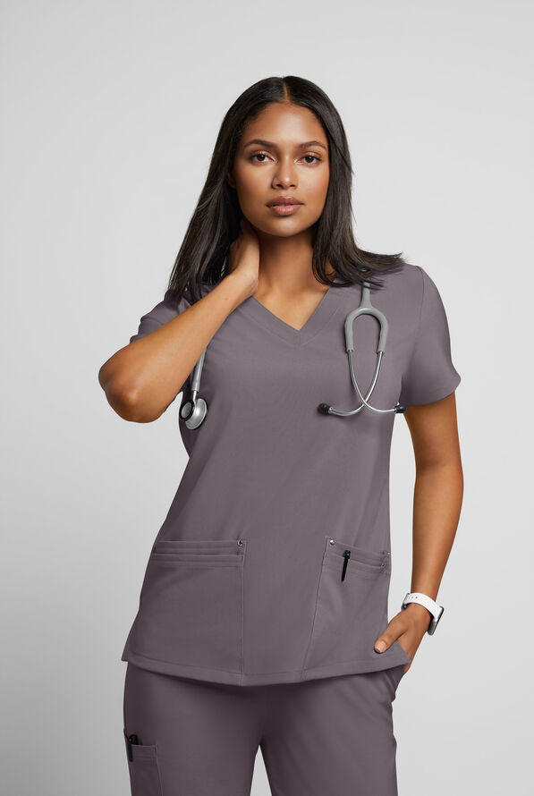Easy STRETCH Lina Mitered Women's 4-Pocket V-Neck Scrub Top - Grey Stone - 2