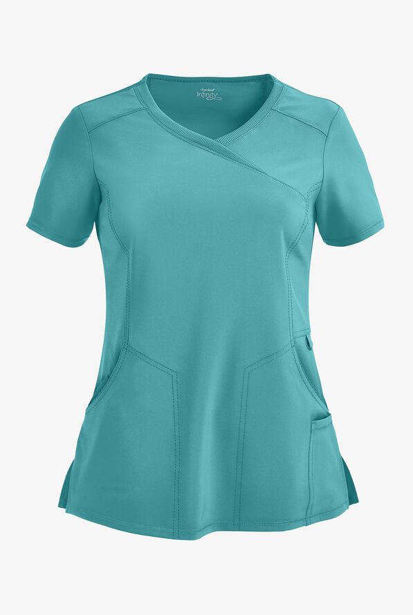 Infinity Women's 4-Pocket STRETCH Mock Wrap Scrub Top - Turquoise - 1