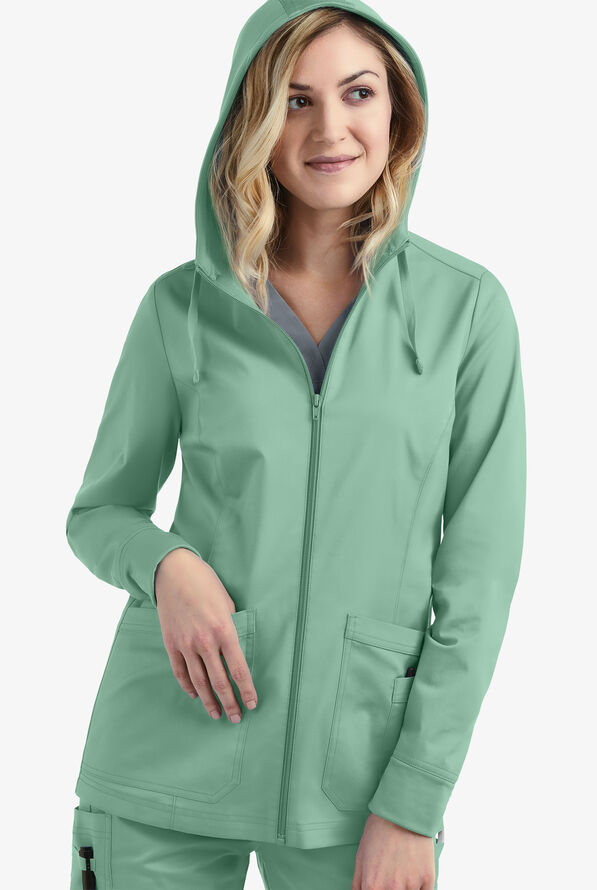 Butter-Soft STRETCH Women's 3-Pocket Zip-Front with Cozy Knit Hood and Trim Scrub Jacket - Water Mint - 3