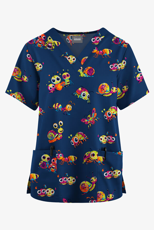 Blusa m&eacute;dica estampada Butter-Soft Originals Bug Parade Royal con cuello en V y 2 bolsillos para mujer - null - 1