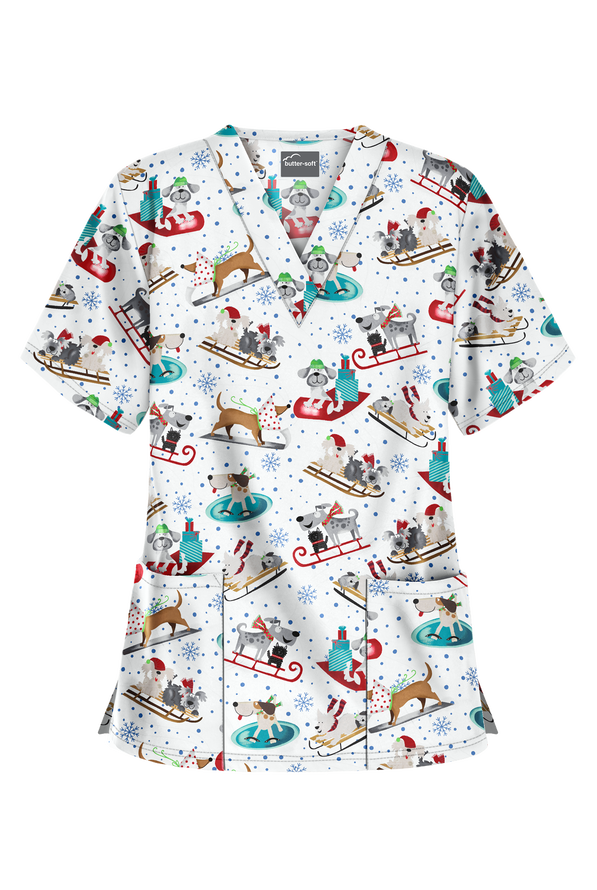 Butter-Soft Sleighing Puppies White Women's 2-Pocket V-Neck Print Scrub Top - null - 1