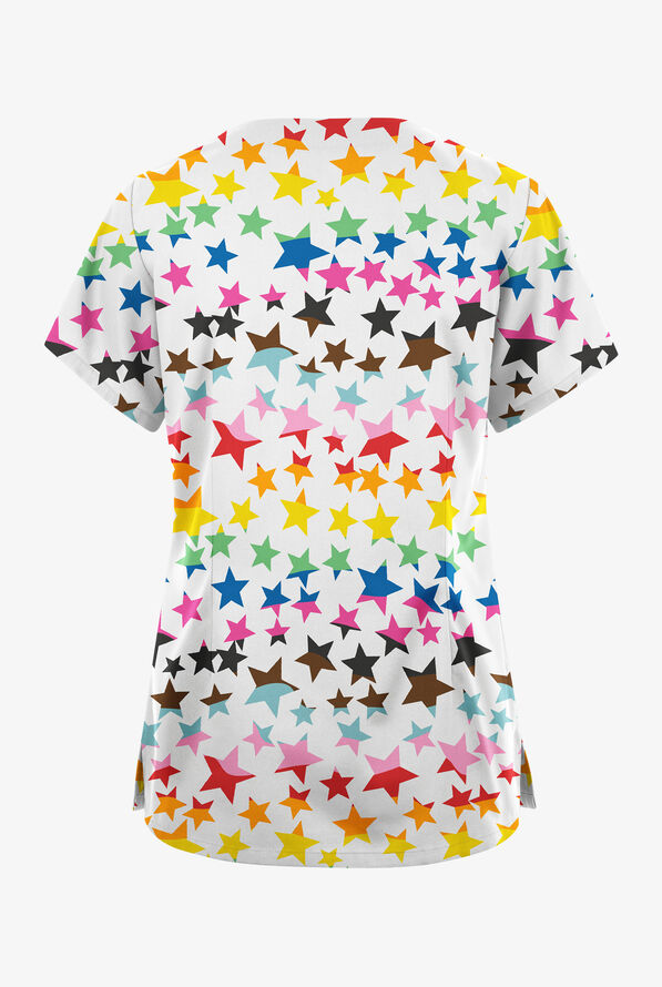Butter-Soft Originals Happy Stars Women's 6-Pocket Scallop Neck Print Scrub Top - null - 2