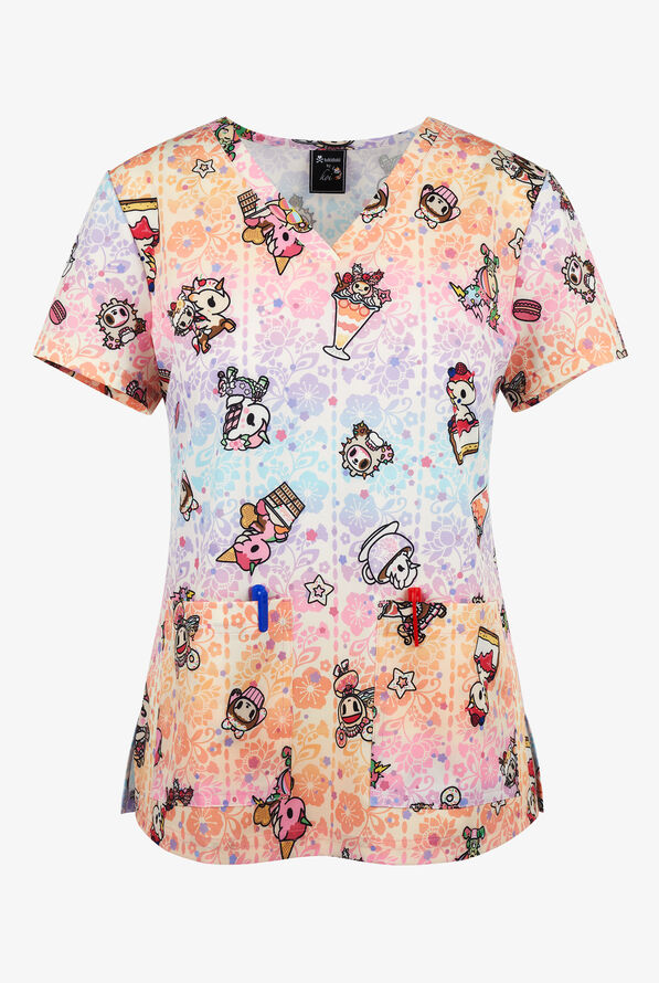 koi Tokidoki Sweet Cafe Women's 2-Pocket STRETCH V-Neck Print Scrub Top - null - 1