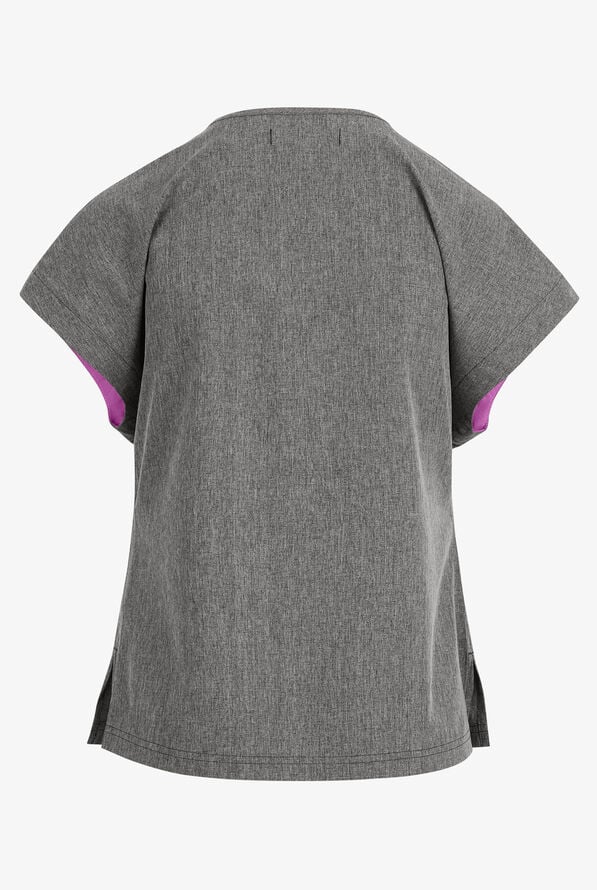 koi Basics Mckenna Women's 1-Pocket STRETCH V-Neck Dolman Sleeve Scrub Top - Heather Grey/Bloom Lavender - 2