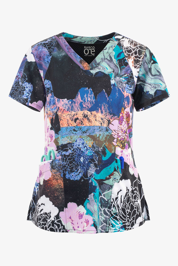 Barco One Mystic Flower Women's 4-Pocket STRETCH V-Neck Print Scrub Top - null - 1